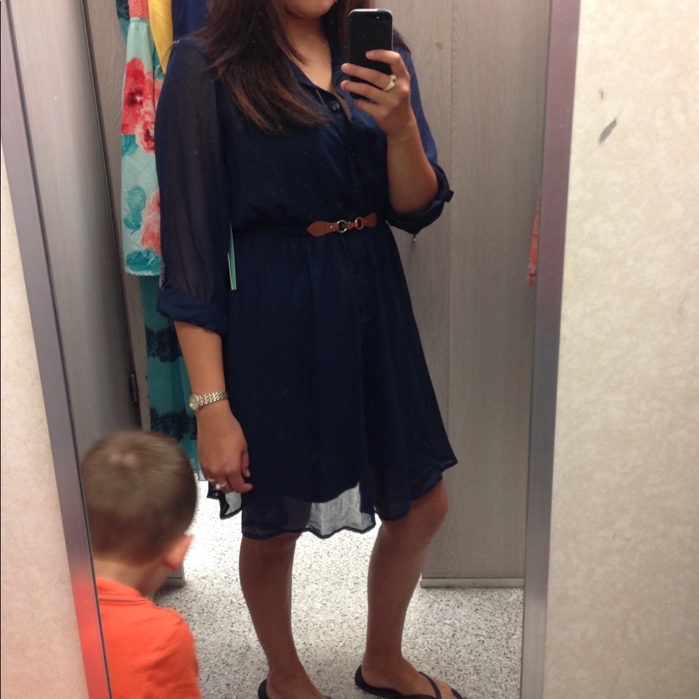 Navy Button Up Sheer Dress - Picture 3 of 8